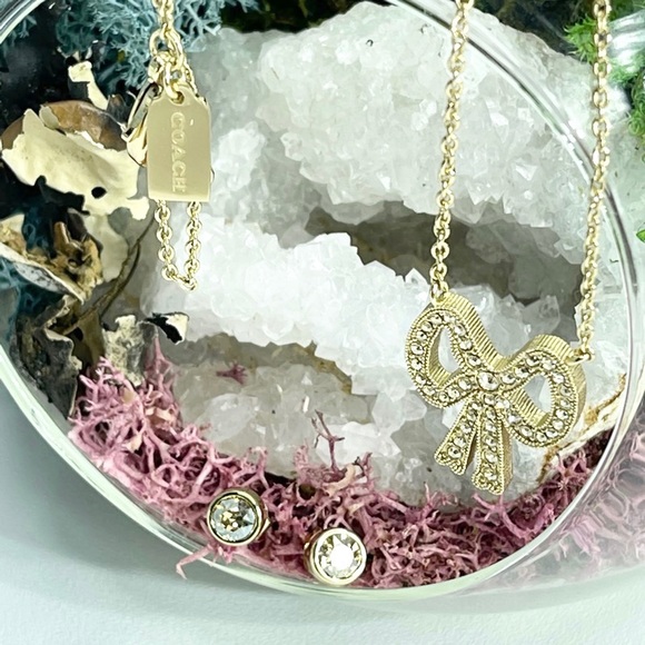 Coach New York Necklace Earrings Swarovski Crystal Ribbon Pendant - Picture 4 of 10